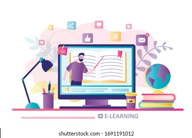 E-learning concept banner. Online education. Modern workplace, man teacher on laptop screen. Web courses or tutorials, software for learning. Education vlog. Trendy flat vector illustration