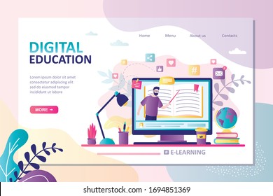 E-learning concept banner. Online education landing page template. Male teacher on laptop screen. Web courses or tutorials, home schooling, software for learning. Education vlog. Vector illustration