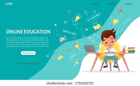 Banner de concepto de e-learning. Educación en línea. Un chico de escuela lindo usando una laptop. Estudiar en casa con elementos dibujados a mano. Cursos web o tutoriales, software para el aprendizaje. Ilustración de dibujos animados planos vectoriales