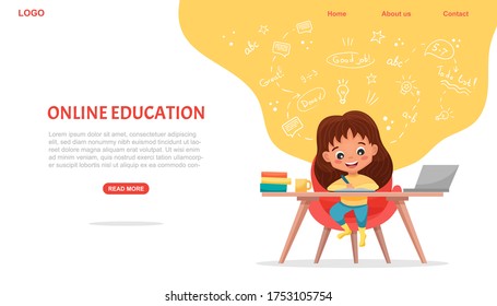 E-learning concept banner. Online education. Cute school girl using laptop. Study at home with hand-drawn elements. Web courses or tutorials, software for learning. Vector flat cartoon illustration