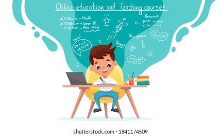 E-learning concept banner. Online education. Cute school boy using laptop. Study at home with hand-drawn elements. Web courses or tutorials, software for learning. Vector flat cartoon illustration