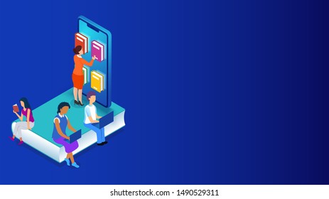 E-Learning concept based isometric design, Online library or book shop in smartphone with people studying or preparing online on blue background.