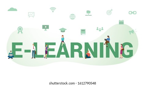 e-learning concept with big word or text and team people with modern flat style - vector