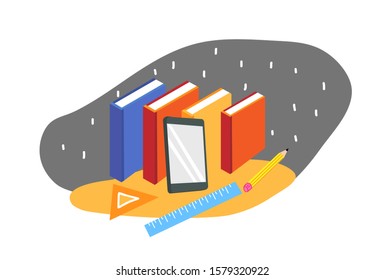 E-learning concept. Books and digital tablet. stock illustration