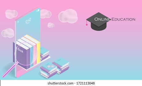 E-learning concept bookshelf on mobile phone and laptop vector illustration