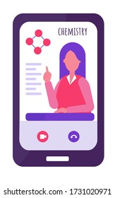 E-learning concept. chemistry teacher conducts the lesson remotely. The remote training. Long dark hair, red clothes. chemical element.  Flat vector illustration