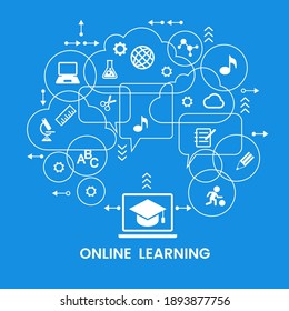 E-learning concept. Distance learning icon. Online training courses. Home leisure. Isolated vector element. Flat vector illustration.