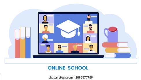 E-learning concept. Distance learning icon. Online training courses. Home leisure. Isolated vector element. Flat vector illustration.