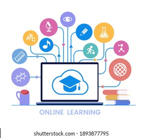 E-learning concept. Distance learning icon. Online training courses. Home leisure. Isolated vector element. Flat vector illustration.