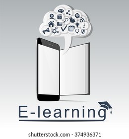 E-learning concept. E-book smartphone with clouds services. Vector illustrations