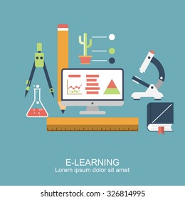 E-learning. concept education, online learning, distance training. pattern, poster for web banners, advertising and printed materials. Icons flat style. vector illustration