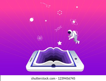 e-learning concept, education and training. smartphone or tablet as a book. Mobile applications for reading and learning. Symbols of science and knowledge, astronaut