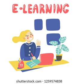 E-learning concept. The emblem online education. Happy girl learning online and waving hand. Vector illustration in hand drawn style