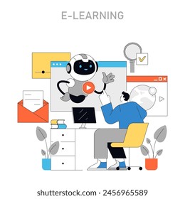 E-Learning concept. Engaging with AI for personalized online education experiences. Interactive digital platforms for skill enhancement. Vector illustration.