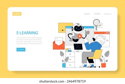 E-Learning concept. Engaging with AI for personalized online education experiences. Interactive digital platforms for skill enhancement. Vector illustration.