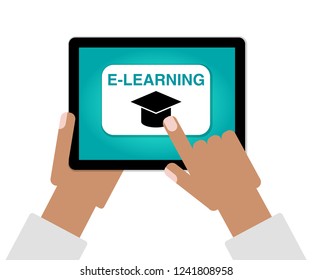 E-Learning concept as hands finger choosing Online Education on tablet computer