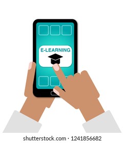 E-Learning concept as hands finger choosing Online Education on cell phone