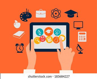 E-learning concept. Hands touching a tablet with education icons. Vector. 