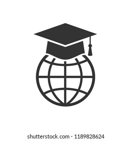 E-learning concept icon. Graduation cap with globe symbol flat vector icon. On line education symbol.