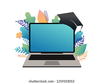 E-learning concept illustration. Big laptop with a square academic cap