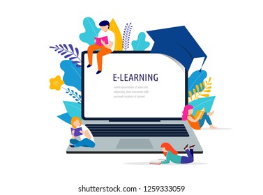 E-learning concept illustration. Big laptop with a square academic cap