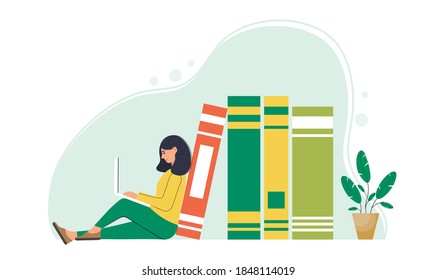 E-learning concept illustration.
Female character with a laptop next to large books. Woman with laptop. Remote education. Vector illustration in a flat style.