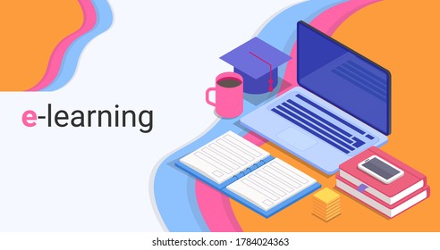 E-Learning Concept. Illustration With Laptop And School Book, Colorful Educational Background. Vector, Panorama