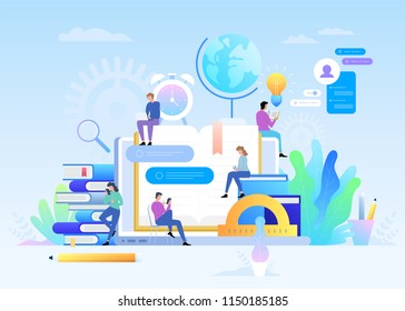 E-learning concept illustration of young people using laptop and tablet pc for distance studying and education. Guys and young women sitting on the big book and reading for self education