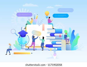 E-learning concept illustration of young people using laptop and tablet pc for distance studying and education. Guys and young women sitting on the big book and reading for self education