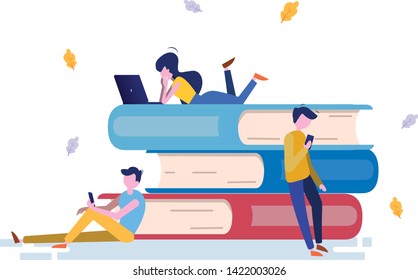 E-learning concept illustration of young people using laptop and tablet pc for distance studying and education. Flat design of guys and young women sitting on the books and reading for self education