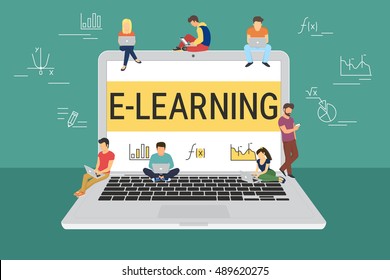 E-learning concept illustration of young people using laptop and smartphone for distance learning and education. Flat design of guys and young women standing on the big open laptop