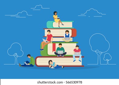 E-learning concept illustration of young people using laptop and tablet pc for distance studying and education. Flat design of guys and young women sitting on the books and reading for self education