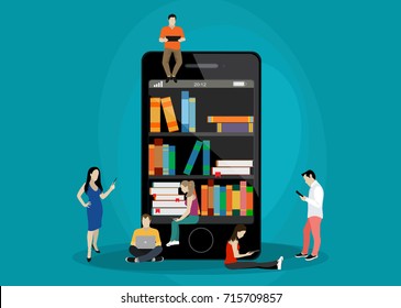 E-learning concept illustration of young people using laptop and tablet pc for distance studying and education. Guys and young women sitting on the smartphone and reading for self education