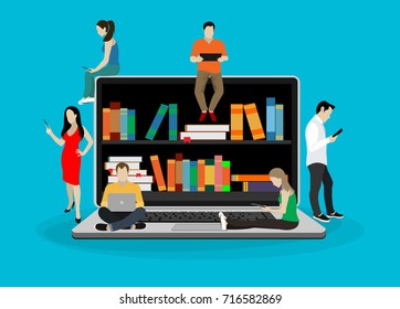 E-learning concept illustration of young people using laptop and tablet pc for distance studying and education. Guys and young women sitting on the big laptop and reading for self education