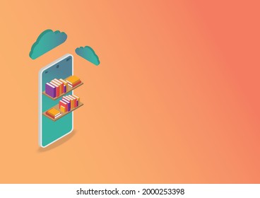 E-learning concept. Isometric mobile or smartphone and cloud computing for study on orange background Online study from home. Online course. E-book store.