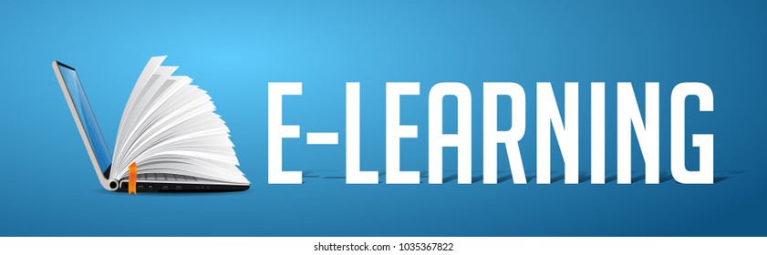 Elearning concept - laptop as book on blue banner with word E-LEARNING