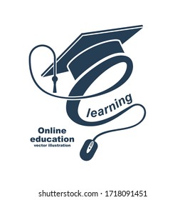 E-learning concept. Logo learning online center and graduation. Vector illustration flat design. Abstract background education. Logo template online education, internet teaching, distance training.