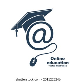 E-learning Concept. Logo Learning Online Center And Graduation. Vector Illustration Flat Design. Abstract Background Education. Logo Template Online Education, Internet Teaching, Distance Training.