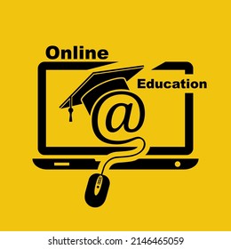 E-learning concept. Logo learning online center and graduation. Vector illustration flat design. Abstract background education. Logo template online education, internet teaching, distance training.