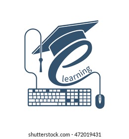 E-learning Concept. Logo Learning Online Center And Graduation. Vector Illustration Flat Design. Abstract Background Education