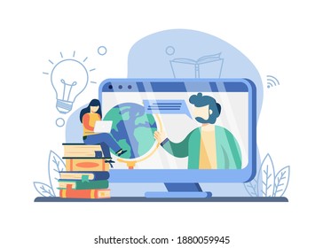 E-learning concept. man teaching on screen with a earth globe, woman watching online class on Stack of books. online education, home schooling, distance education.isolated illustration