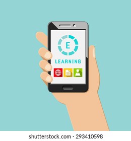 E-learning concept with mobile apps and icons. Hand holding smartphone.