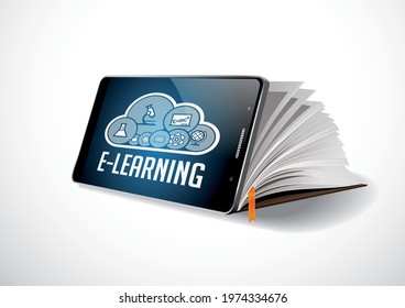 Elearning concept - mobile phone as book with word E-LEARNING