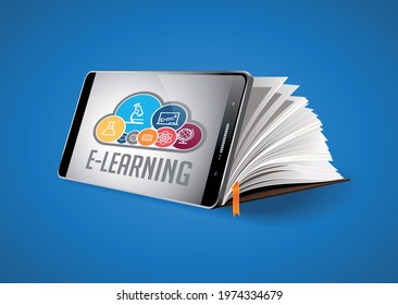 Elearning concept - mobile phone as book with word E-LEARNING