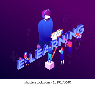 E-learning concept - modern colorful isometric vector illustration on purple background with inscription. Male, female students making notes, teacher in headset with clipboard. Online education theme