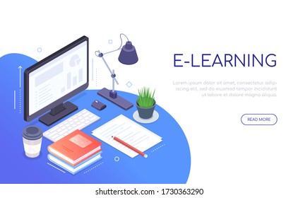 E-learning concept - modern colorful isometric web banner with copy space for text. An illustration with a workplace with a computer, books, lamp, coffee cup. Online education, studying at home idea