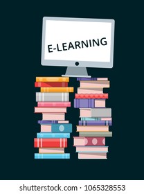 E-learning concept. Monitor on pile of books. Vector illustration 