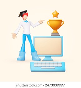 E-learning concept. Online course graduate wearing a graduate hat with win cup