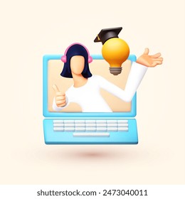 E-learning concept. Online course graduate wearing a graduate hat with new idea symbol