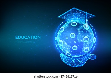 E-learning concept. Online education. Abstract Low Polygonal Graduation cap on planet Earth globe model map in hand. Distance graduate certificate program. Skill development. Vector illustration.